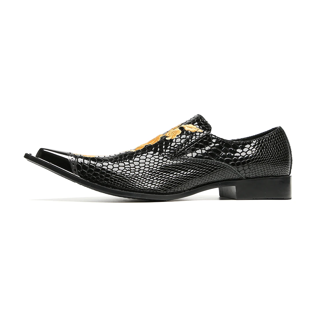 Schwarze Herren-Kleiderschuhe aus Leder mit goldener Blumenstickerei | Schlange – Hautstruktur und spitzes Zehen-Design – Detail 11