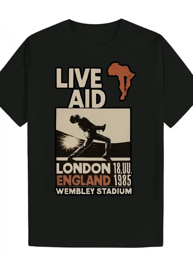 

Men'S Casual Summer T-Shirt - 'Live Aid' Concert Graphic, Black Polyester Crew N
