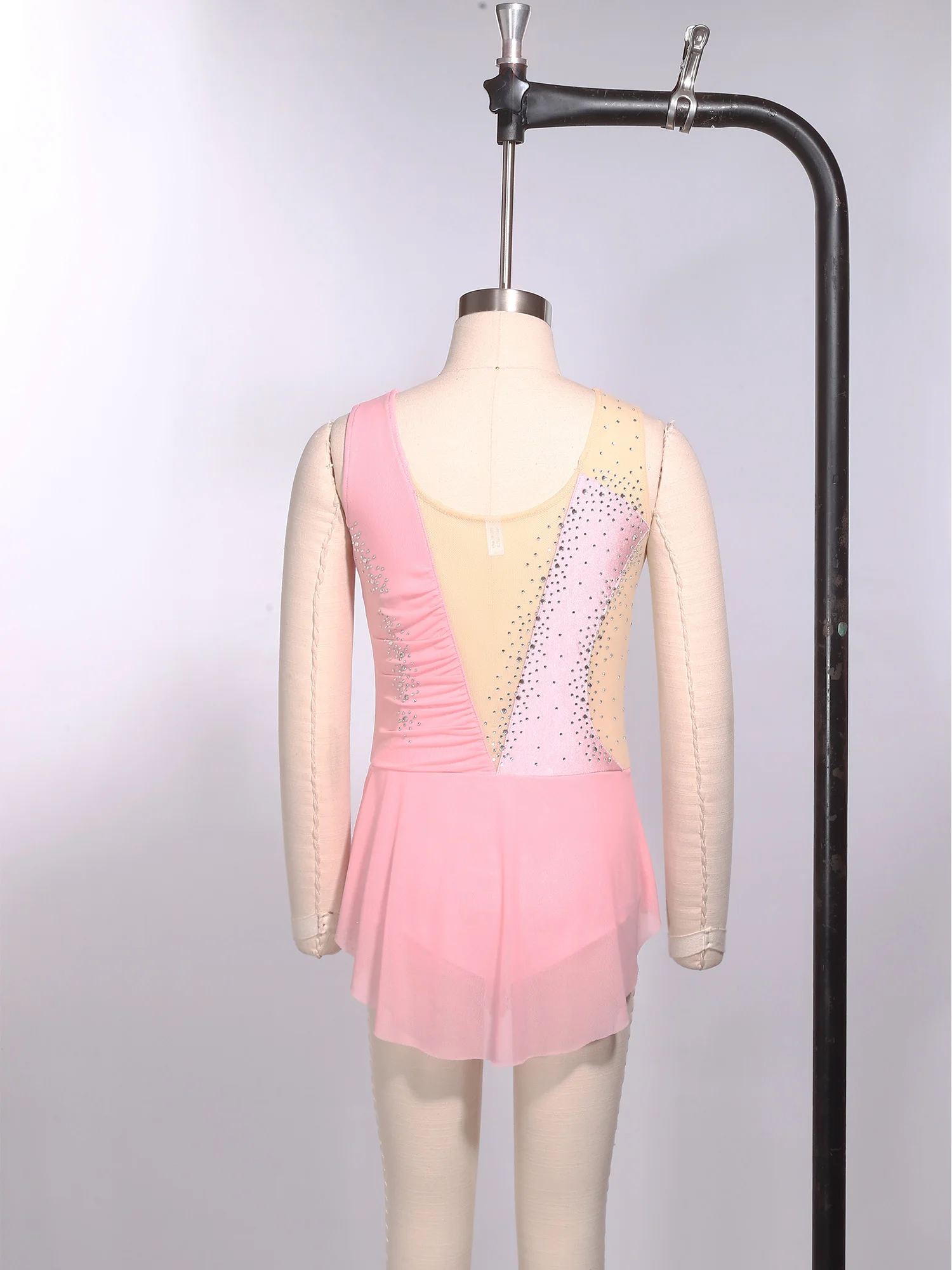 Girls Figure Skating Competition Dress Sleeveless Ruched Mesh Side Slit Dress Gymnastics Ballet Dance Bodysuit Ballerina Outfit