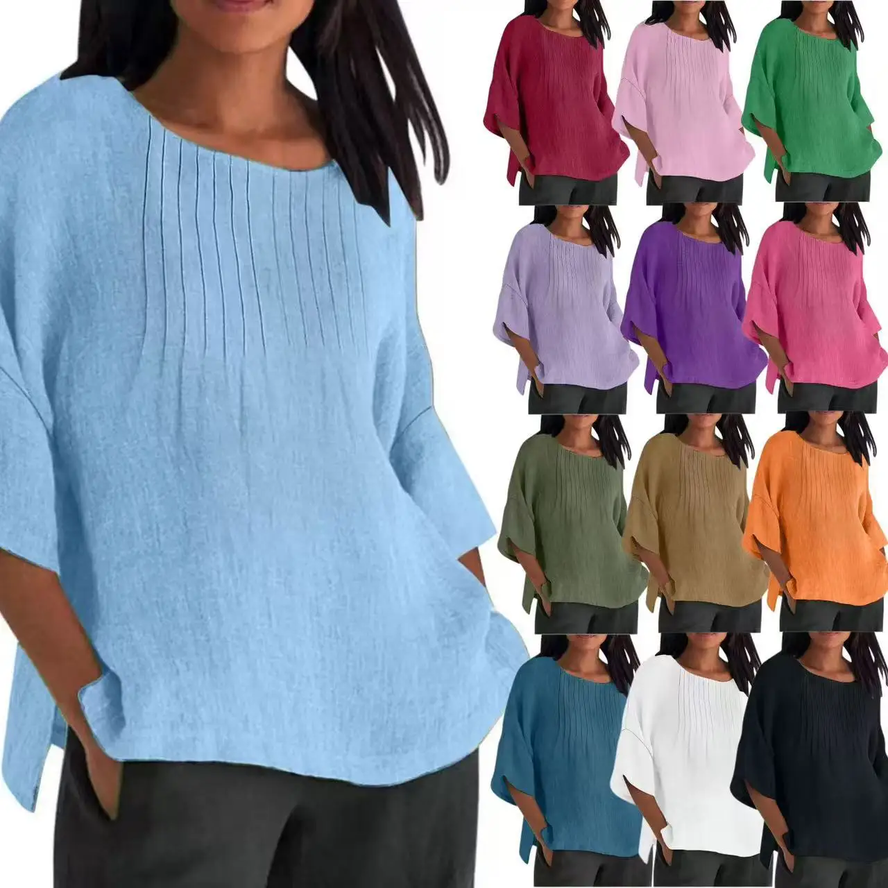

2025 New Women's Clothing Seven-quarter Sleeve Pleated Round Neck Cotton and Linen Shirt Top Europe and America