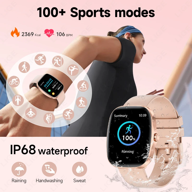 LIGE النساء Smartwatch 1.53 بوصة AMOLED HD شاشة بلوتوث دعوة الرياضة ساعة معدل ضربات القلب الموسيقى IP68 مقاوم للماء ساعة ذكية للرجال