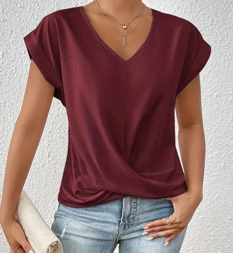 Camisetas Tees Kleidung Schwarz Weiß V-Ausschnitt Damen T-Shirt Neues Sommer Einzigartiges Kurzarm-T-Shirt Damen Tops Damenbekleidung Q5593 – Detail 4