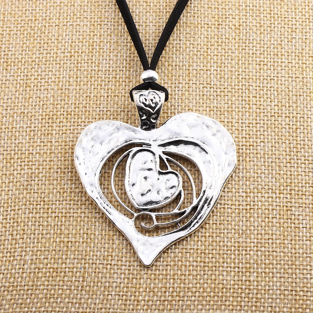 Tibetan Silver Large Hollow Open Hammered Heart Pendant Necklace on Long Black Suede Cord Lagenlook 32‘’ for Jewelry Women