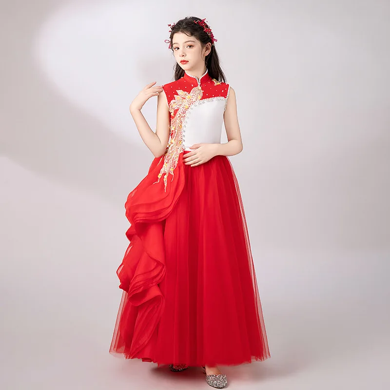 Girls' Formal 2025 New High-End Flower Girl Dress Puffy Tulle Children's Guzheng Costume Piano Performance Cho