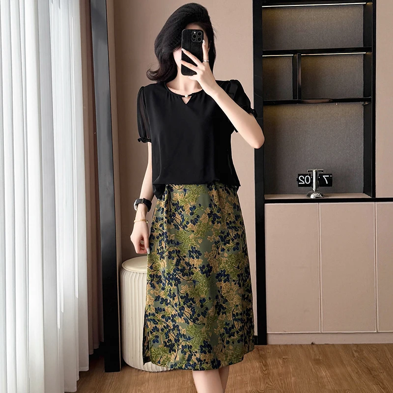 

Черный сетчатый топ с коротким рукавом и платье-халтер, комплект из двух предметов, женский, с цветочным принтом, летний, новый стиль, для прогулок по городу, хлопок, полиэстер, B...