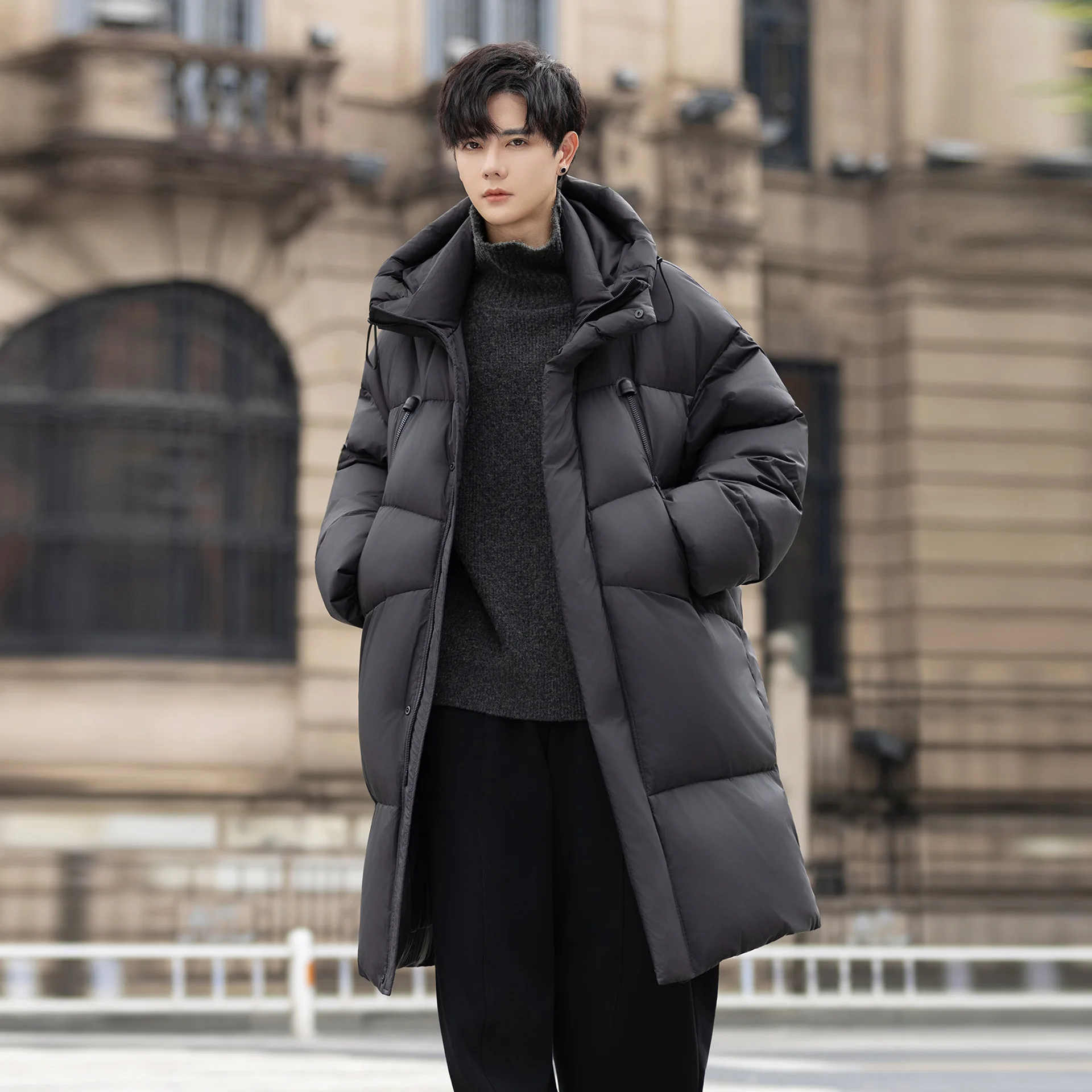 Men 90% White Duck Down Hooded Coat 272g Fill Mid Length Loose Thick Warm Winter Puffer Jacket Outerwear
