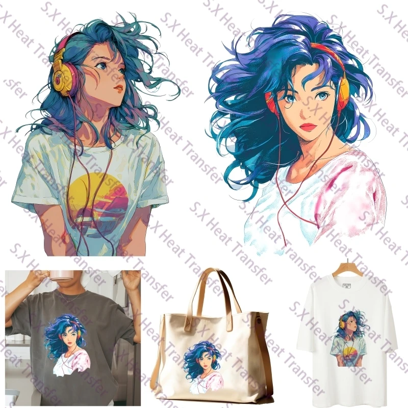 24CM Comic - Girl Listening to Music Cute Heat Transfer Stickers Cartoon Girl T-shirt Decorative Printing Hot Press Decals DIY