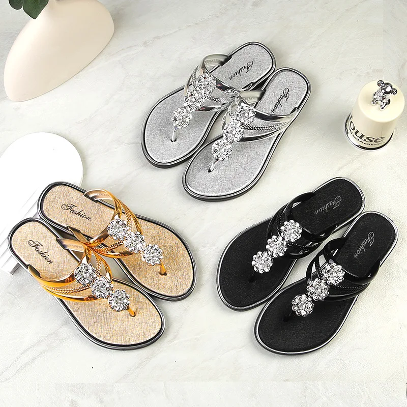 2024 Women\'s Rhinestone Flower Flip Flops Summer Fashion Clip Toe Flat Slide Shoe Casual Indoor & Outdoor Slides Sandalias Mujer