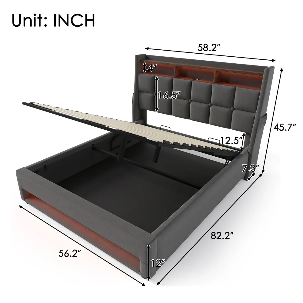 

Full Size Upholstered Platform Bed with a Hydraulic Storage System, LED and USB Charging