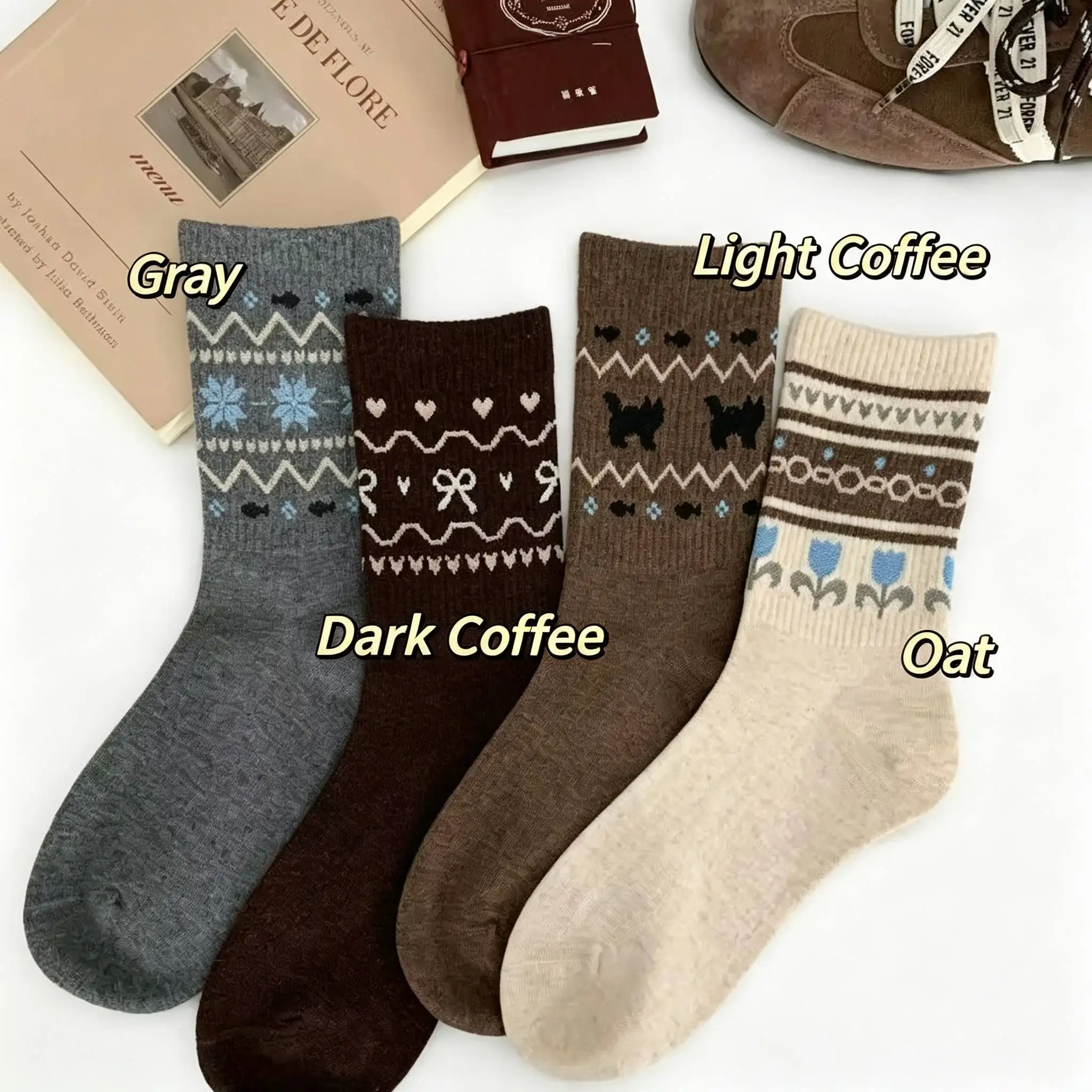 1/4 Pairs Autumn And Winter Vintage Fair Isle Socks for Women, Mid-Calf Socks, INS Style, Versatile Ethnic Long Socks