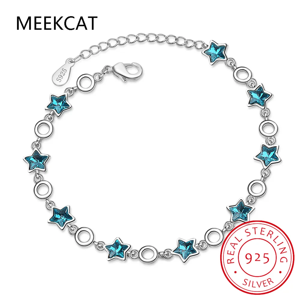 Natural Blue Sapphire 925 Sterling Silver Stackable Star Bracelet for Women Statement Luxury Gemstone Jewelry Pulseiras De Prata