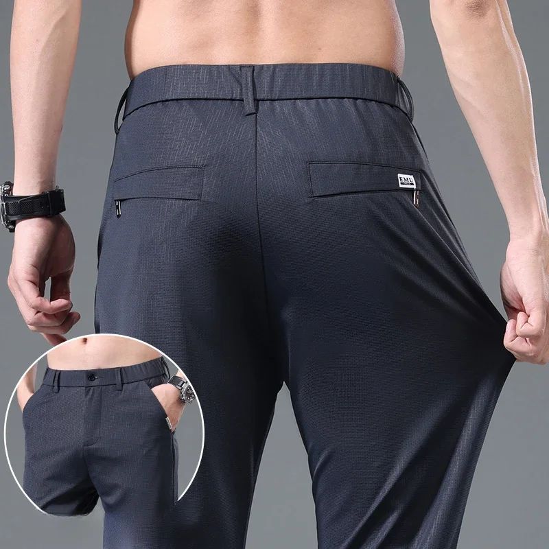 Summer New Thin Ice Silk Stretch Men's Pants Fashion Casual Elastic Waist Smooth Pants Male Brand Business Clothing Male Trouser