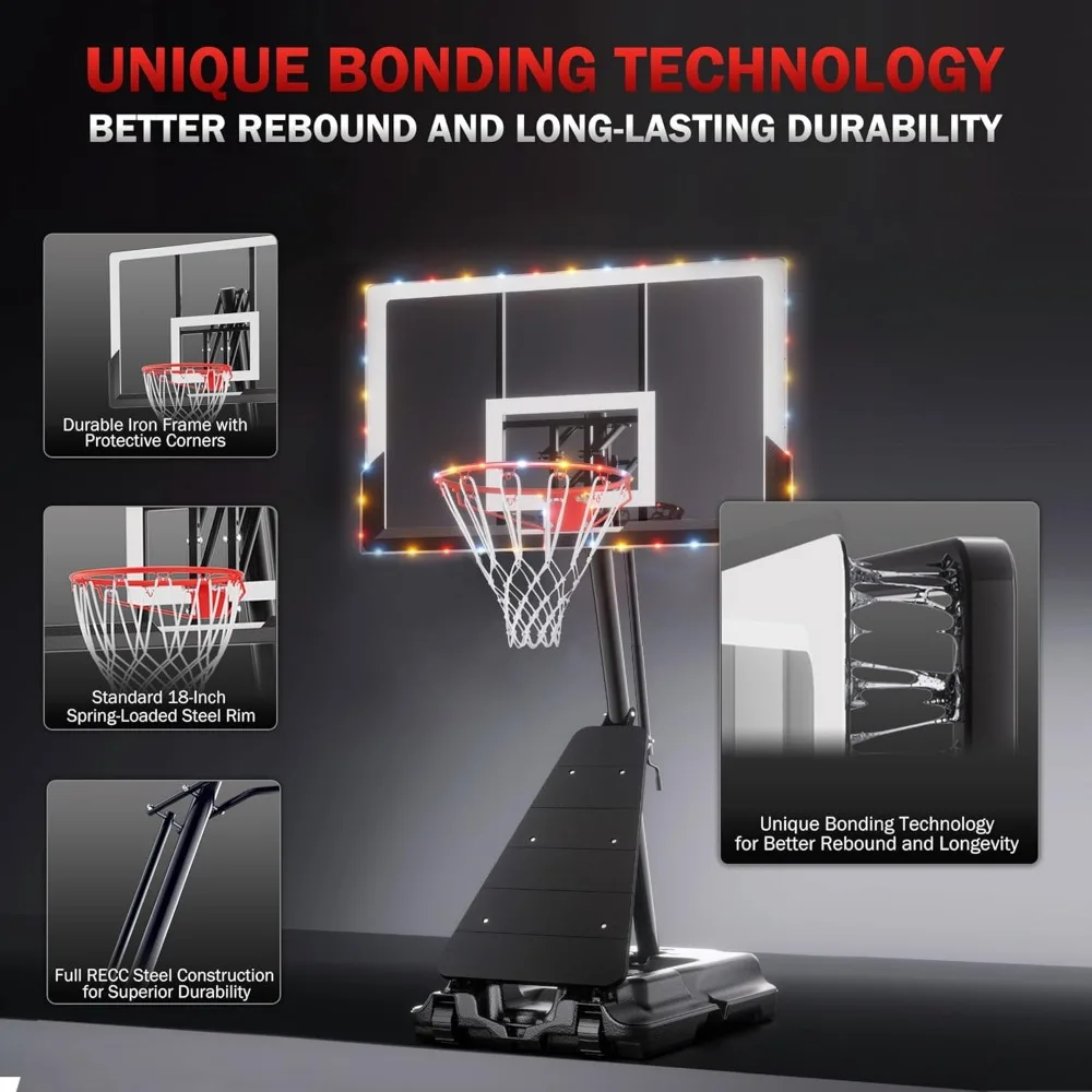 Portería de baloncesto al aire libre ajustable de 10 pies con luz LED, tablero posterior duradero, sistema portátil para todo tipo de clima