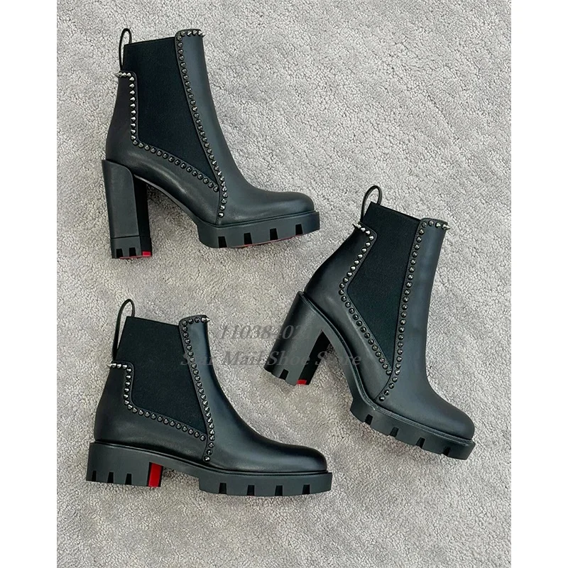 

Women's Platform Leather Cloth Fabric Splicing Short Boots Round Toe Rivet Decor Slip On Rider Boots Winter Street Neutral Style