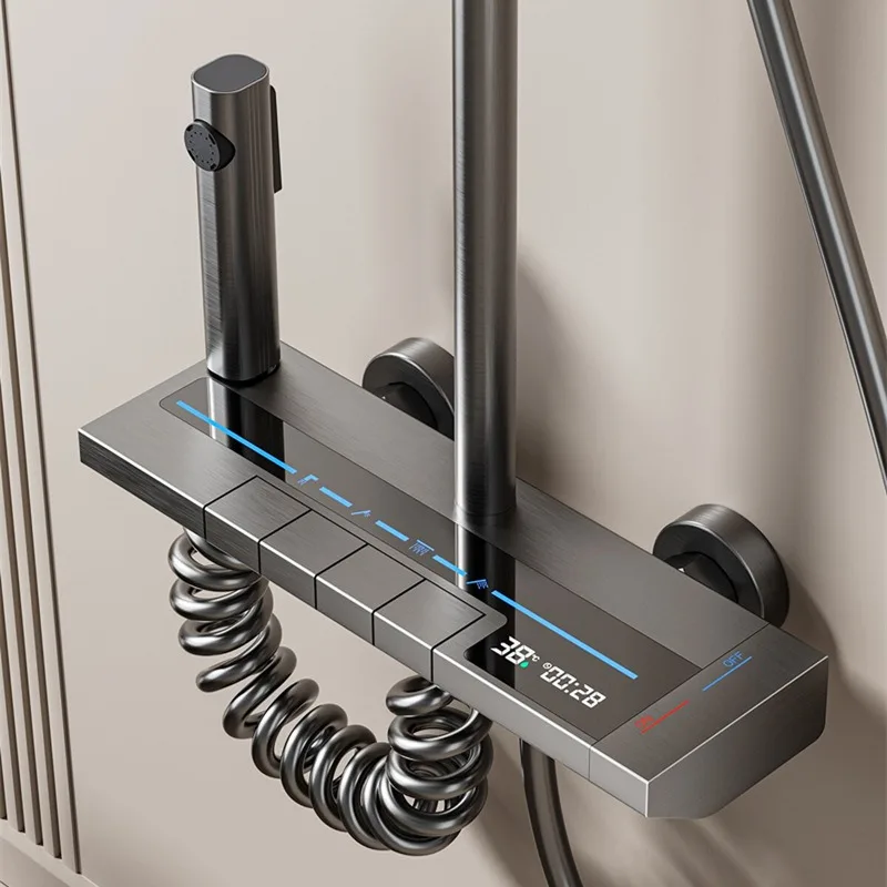 

LED Digital Display Shower Set Hot and Cold Piano Button 4-Function Gray Smart Temperature Hotel Home Bathroom Faucet Shower Set