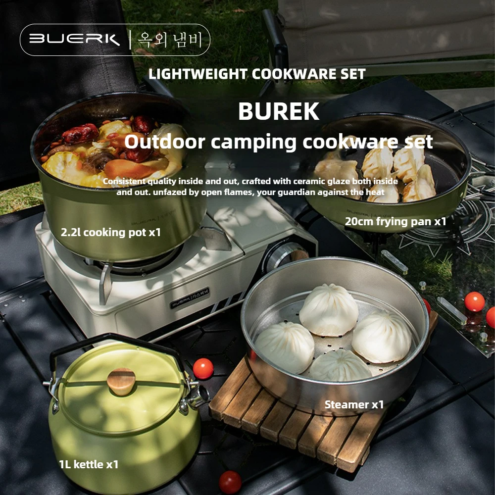

Набор посуды для кемпинга BUERK, портативный, утолщенный, нержавеющая сталь 304 с керамическим глазурью, прочный и долговечный