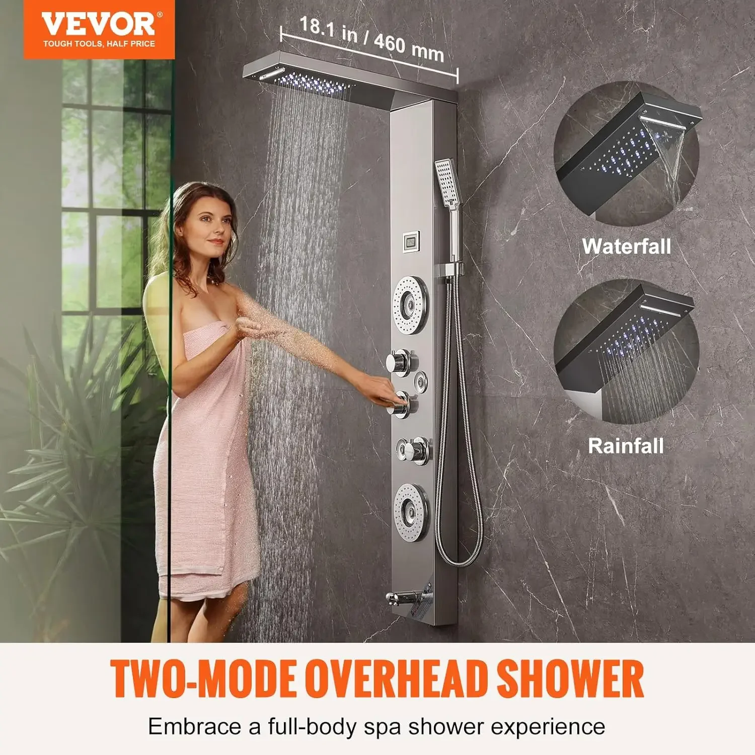 Shower Panel System, 6 Shower Modes, LED & Display Shower Panel Tower, Rainfall, Waterfall, 4 Body Massage Jets