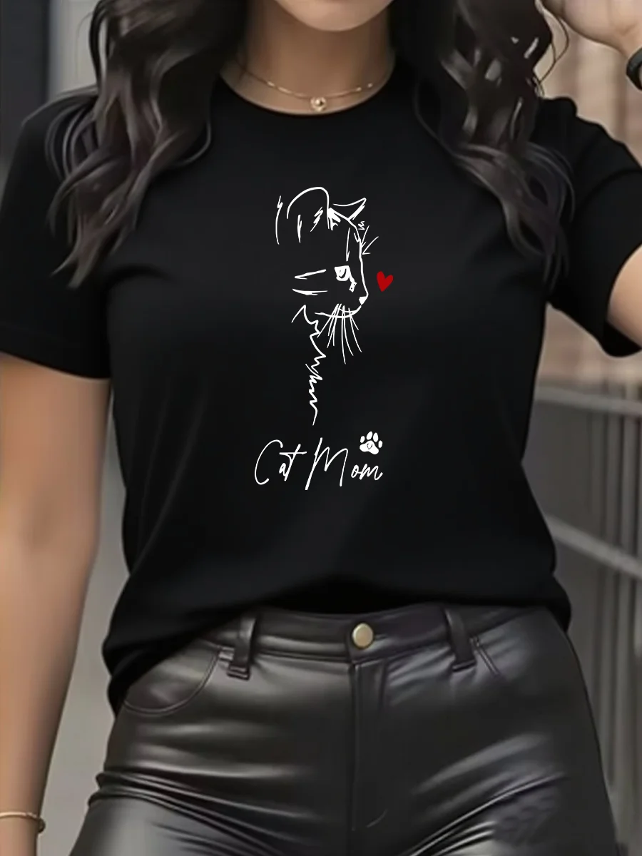 猫ママへの母の日のギフト - かわいい猫ママの漫画プリントが入った女性用カジュアル半袖Tシャツ ホワイト＆ブラックグラフィック