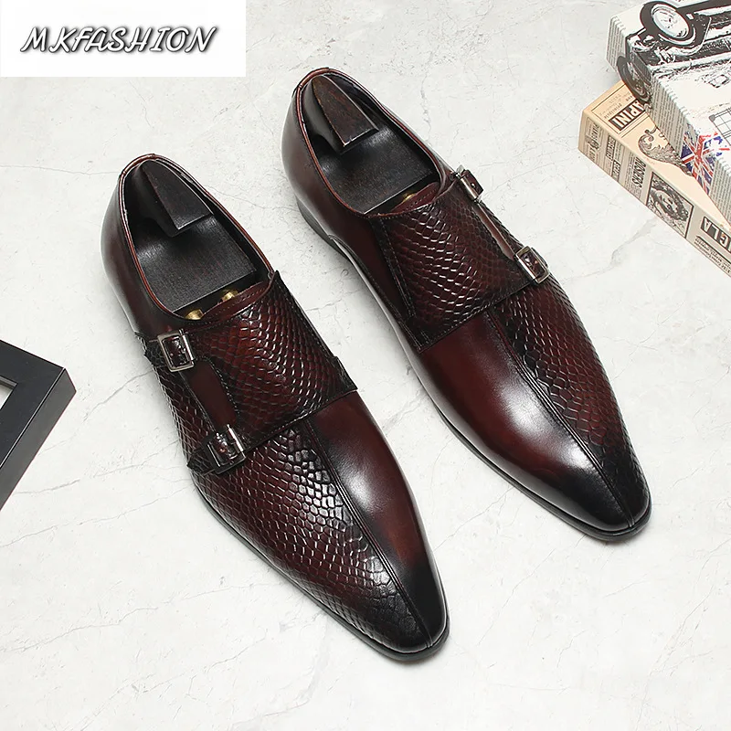 New Fashion Men Leather Wedding Shoes Pointed Toe Business Casual Double Buckle Oxfords