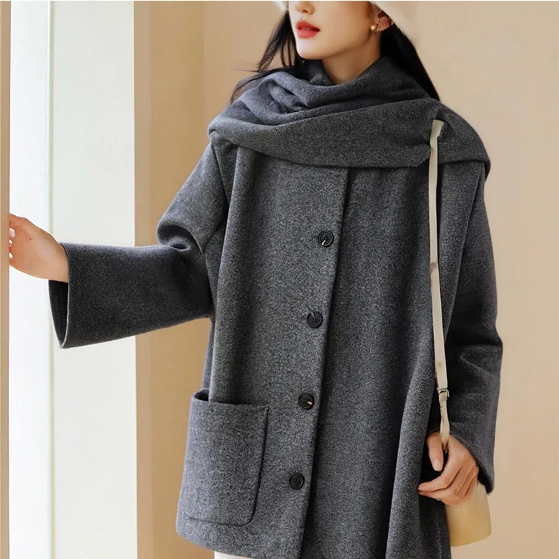 

2025 Autumn New European and American Style Women's Casual Elegant Simple Scarf Design Coat British Style Navy Overcoat