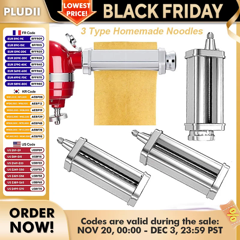 Juego de accesorios para hacer Pasta de acero inoxidable 304 para batidora con base, 8 ajustes de espesor, fácil de limpiar para 3 tipos de fideos caseros