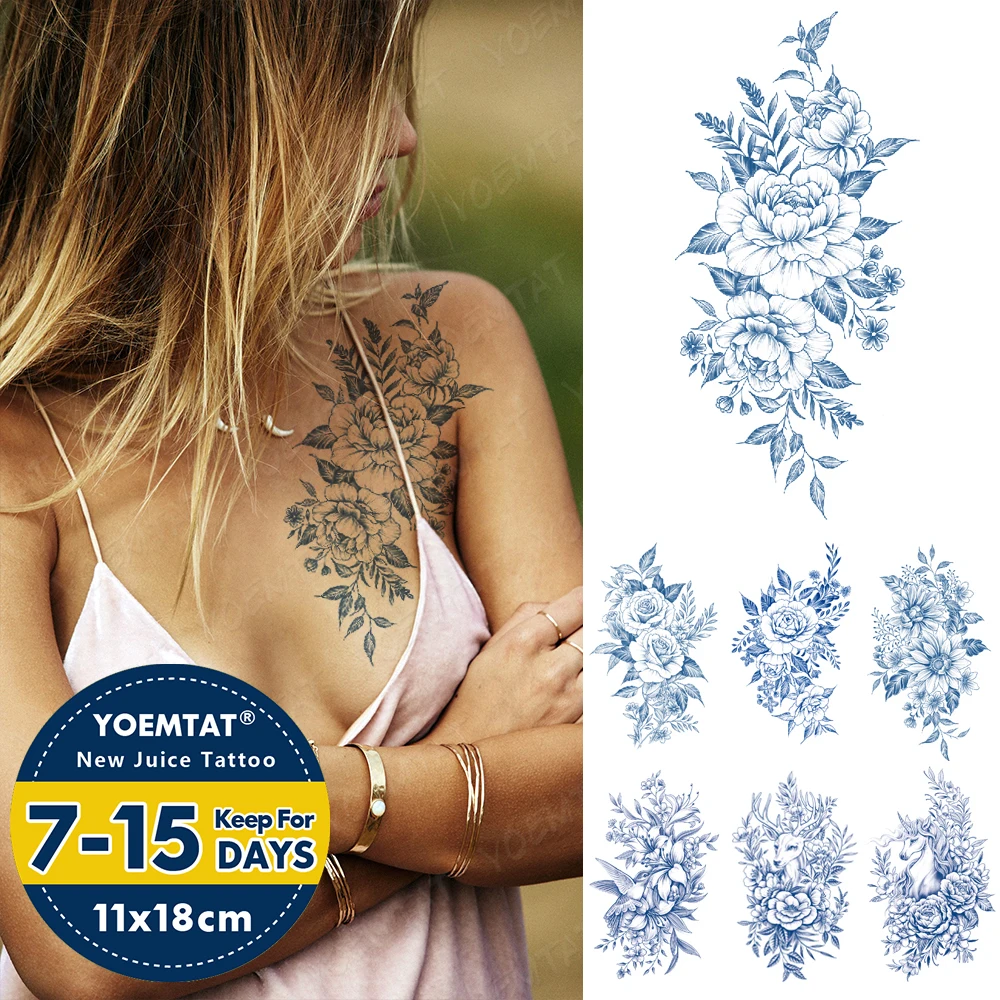 

Semi-Permanent Waterproof Temporary Tattoo Sticker Peony Rose Lily Leaf Juice Lasting Ink Tatto Body Art Genipin Herbal Tattoos