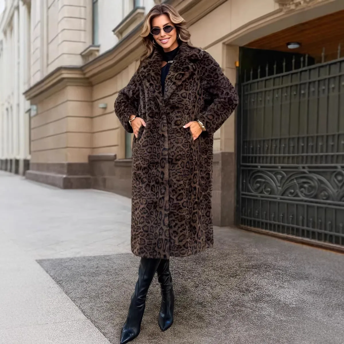 Europe, America, Coat New Leopard Print Jacket Fashion Autumn And Winter Extended Imitation Mink Fur Plush Coat Women
