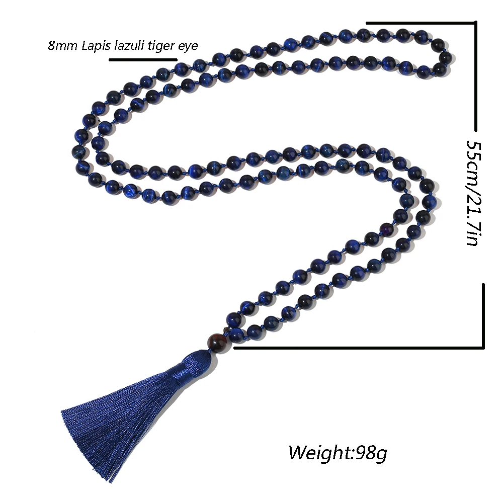 8mm Lapis lazuli Tiger Eye Stone Beaded Knot 108 Mala Necklace Meditation Prayer Blessing Jewelry for Men and Women