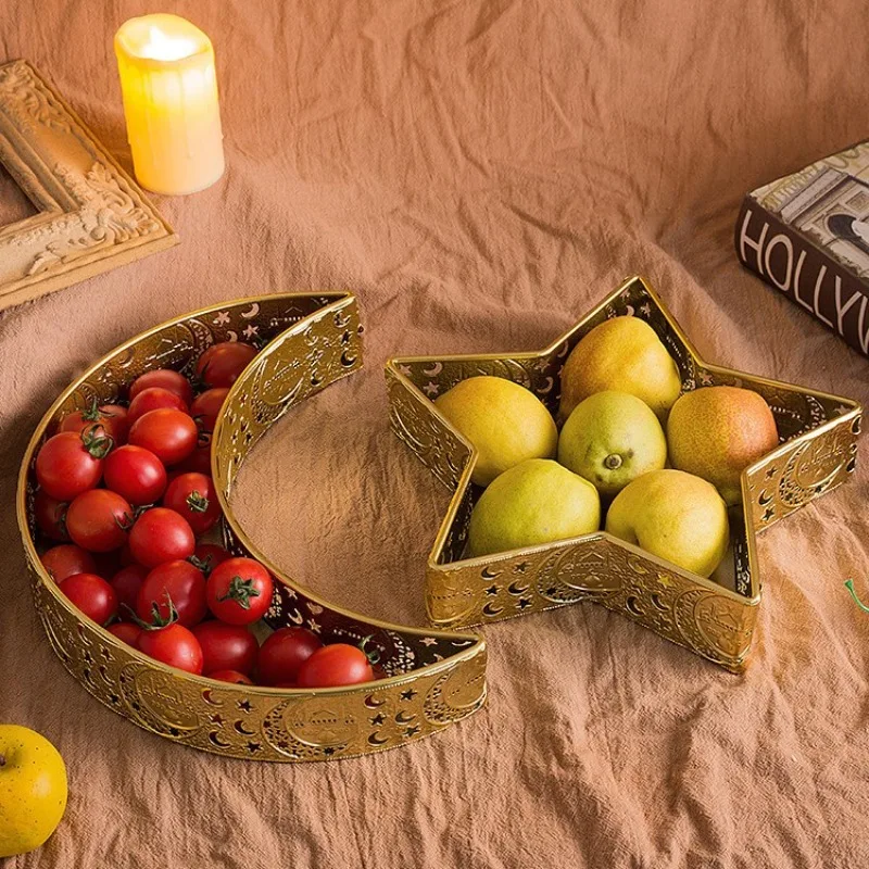 

Gold Star Moon Tray Iron Holiday Decor Fruit Basket for Home Snack Storage Festive Table Centerpiece