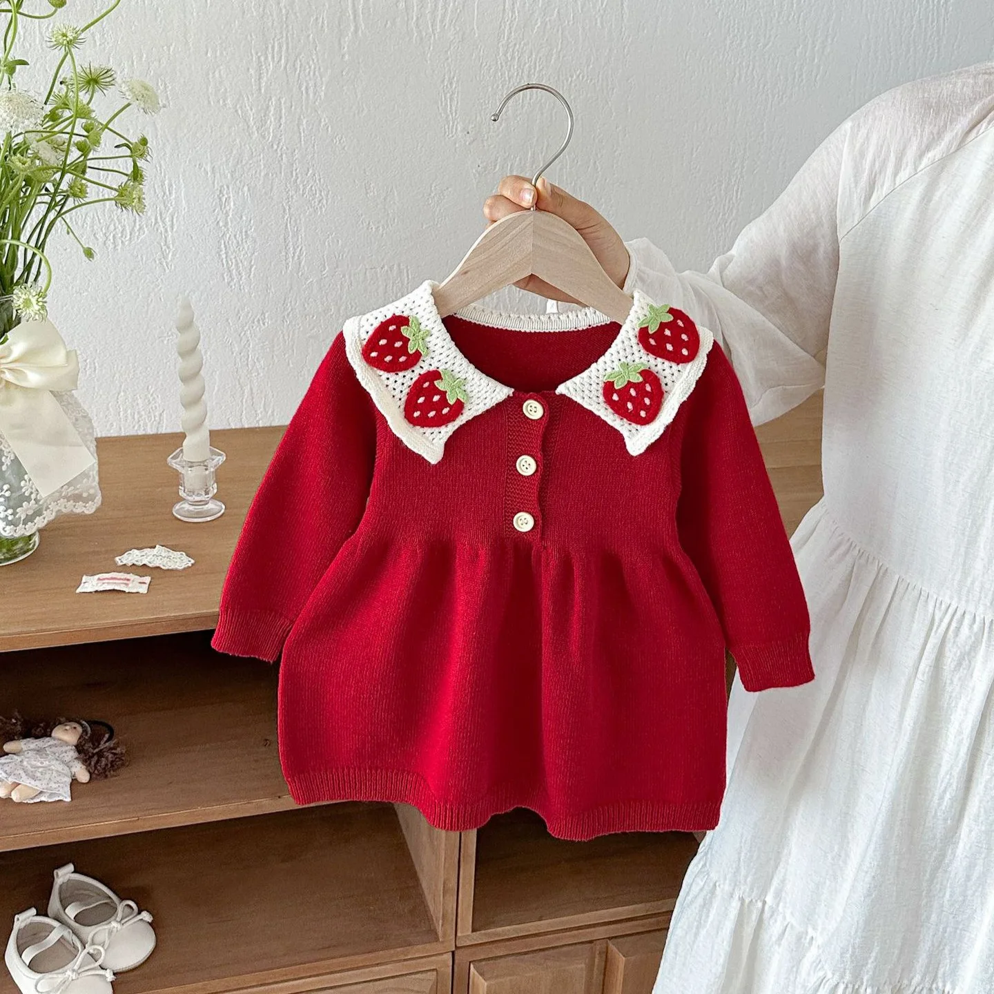 2026 New Girls Red Strawberry Knit Dress | Toddler Baby Princess Party Gown Kids Fall Winter Birthday Dress Long Sleeve Dress