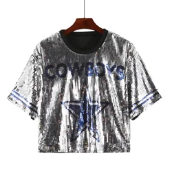 Summer High Quality Short Sleeve Loose Geometry Letter Women's Wear Sequins Streetwear Night Club Hip Hop Straight T-Shirt