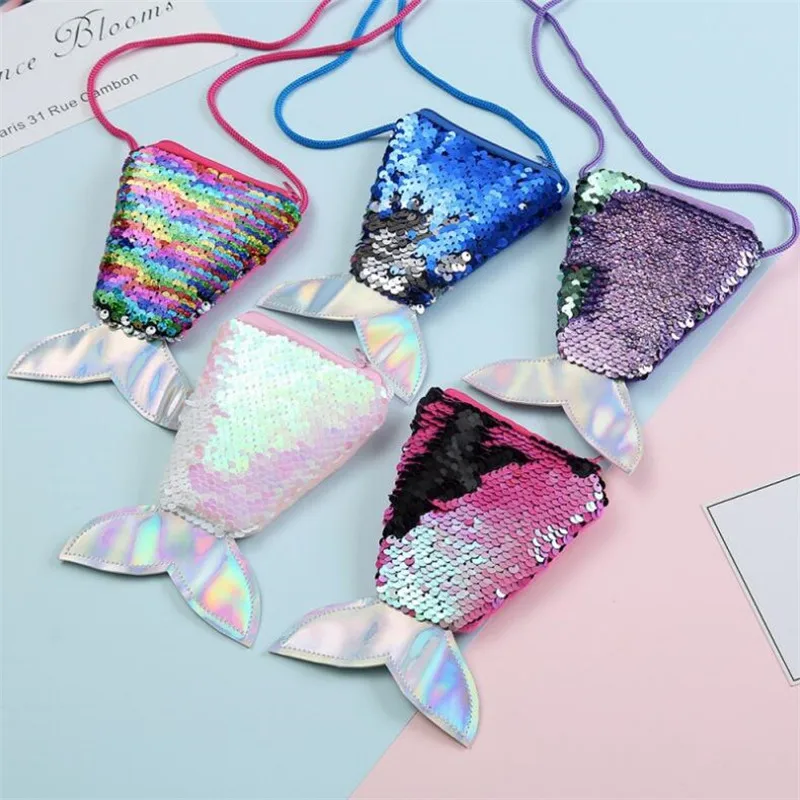 Women Mermaid Tail Sequins Coin Purse Girls Crossbody Bags Sling Money Change Card Holder Wallet Purse Bag Pouch For Kids Gifts