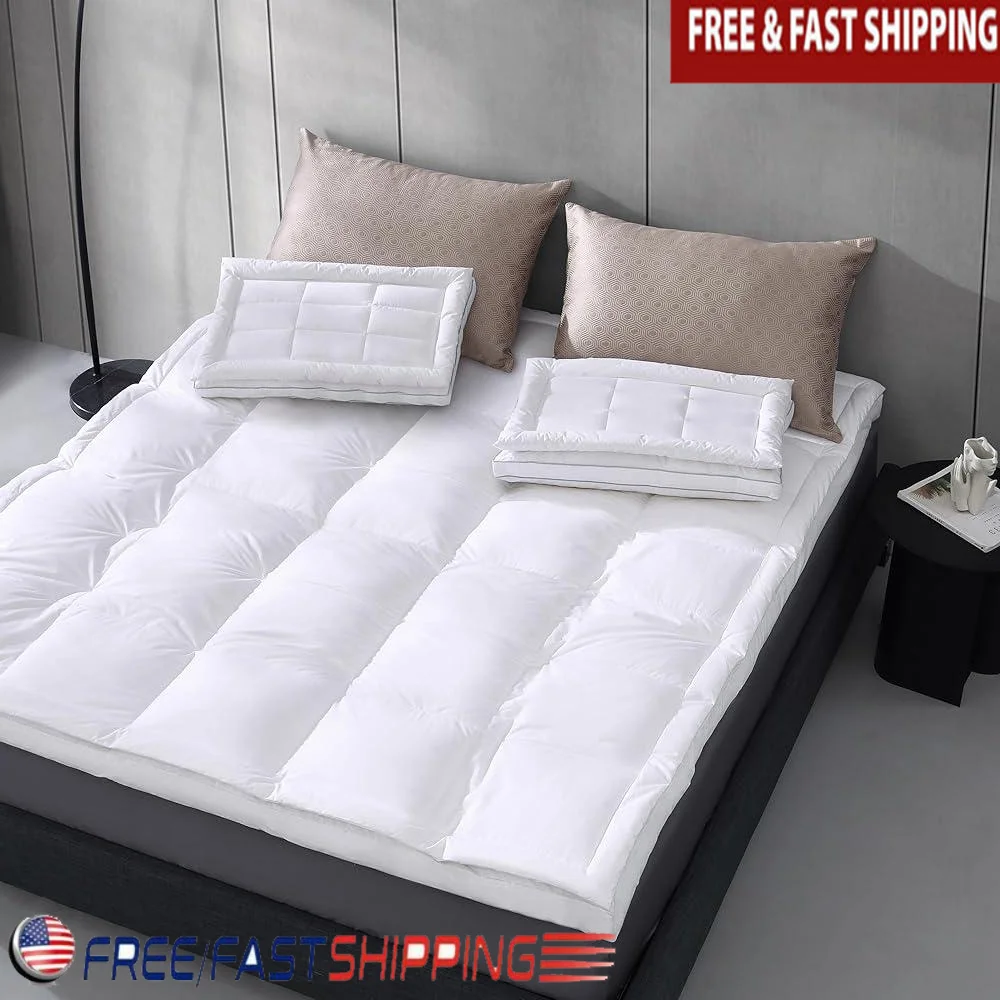 5 Inch Thick White Down Feather Mattress Topper Queen Size Cotton Pillowtop Quilted Baffled Box Hotel Luxury Comfort