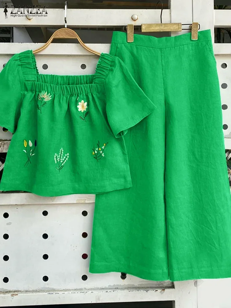 ZANZEA ฤดูร้อนผู้หญิงชุดกางเกงแขนสั้นสแควร์คอเสื้อเอวยางยืดกางเกงชุดชุดดอกไม้เย็บปักถักร้อย 2 ชิ้น Suts