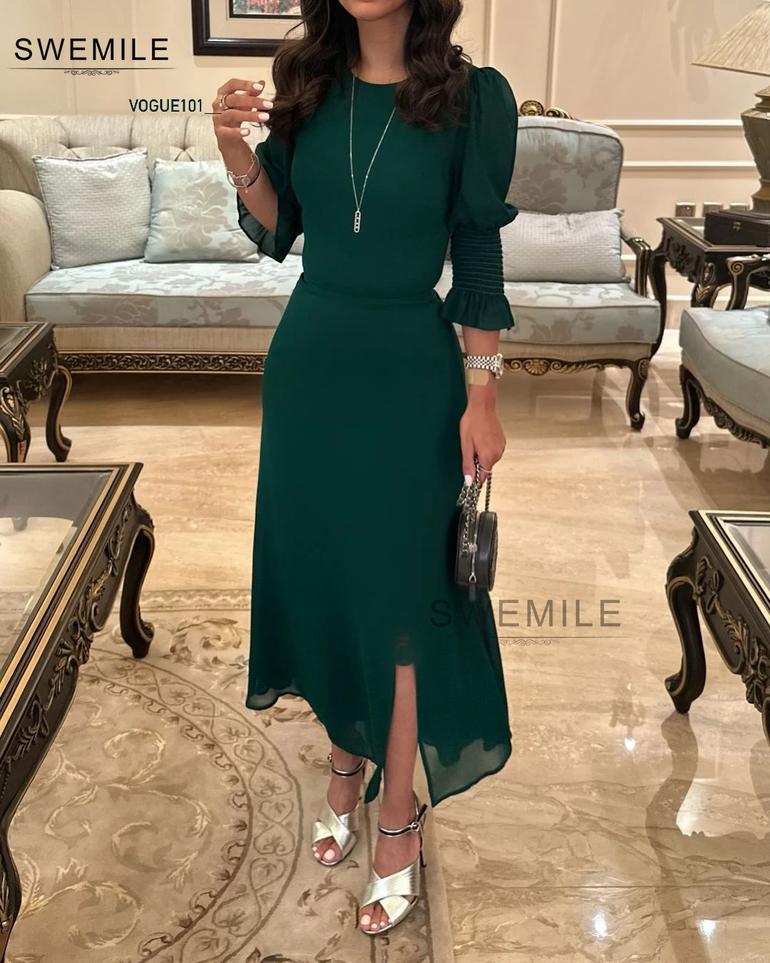 SWEMILE Sheath Slit Scoop Neckline Tea-Length Chiffon Zipper Up 3/4 Sleeves Birthday Formal Occasion Dresses Vestidos De Fiesta