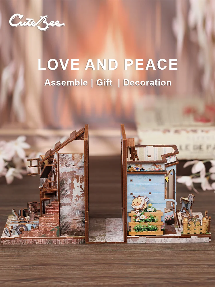 CUTEBEE DIY 3D Puzzle Wooden Bookends Insert Kit Miniature Model Kits Handmade Bookshelf Book Nook for Decoration Love and Peace