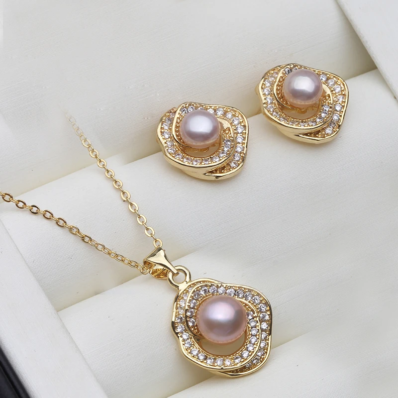 Real Natural Pearl Necklace and Earrings Set Woman,Gold Plated Freshwater Pearl Set Anniversary Wife Mother White Black