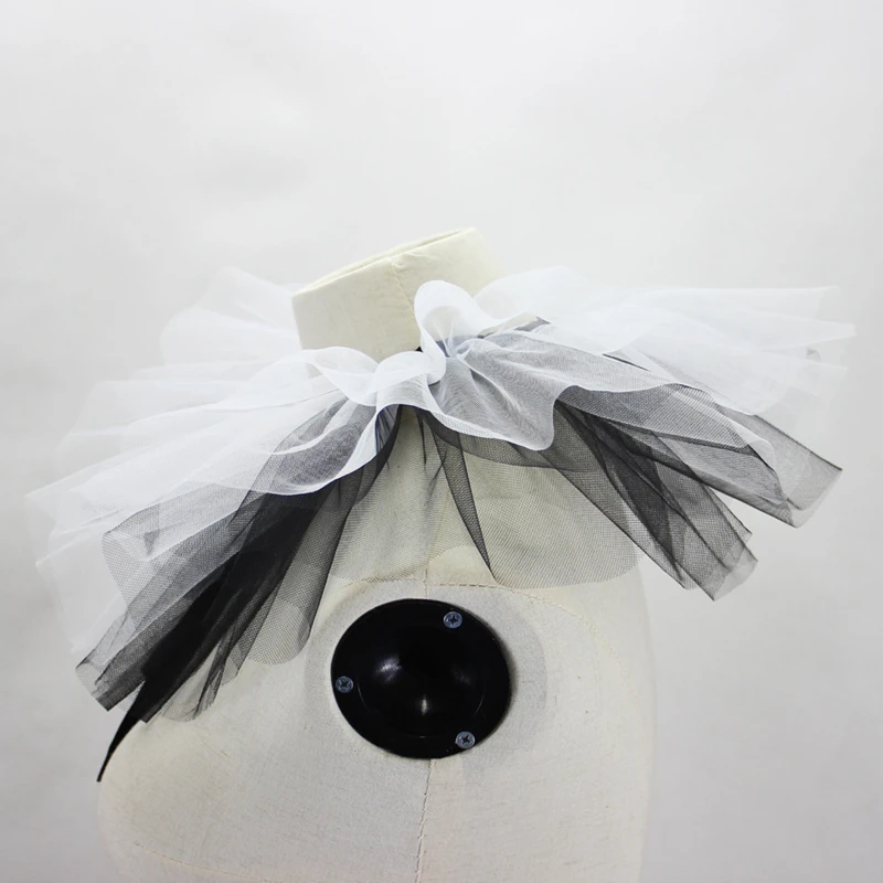 Women Mesh Puffy Tulle Ruffled Fake Collar Layered Black White Ribbon Neck Ruff Shawl Palace Costume Decorative Collar