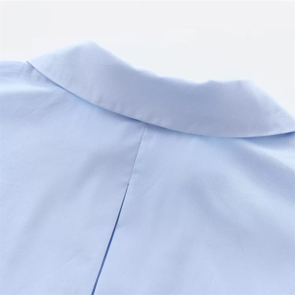 TRAF Autumn New Product Women\'s Fashion Versatile Blue Loose Collar Curled Wide Sleeves Cotton Blended Buckle Poplin Shirt