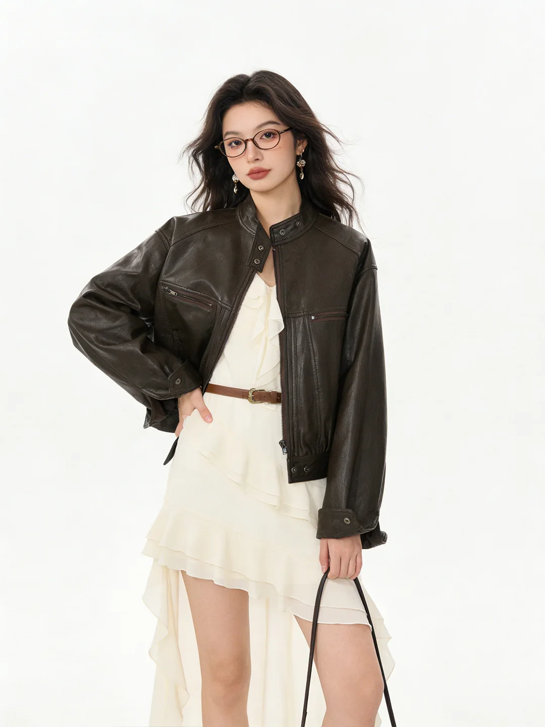 Chic Zipper Design Leather Jaet ort Biker Sle Sweet Cool Early Spring New Arrival Slimming Women's Faion Outerwear