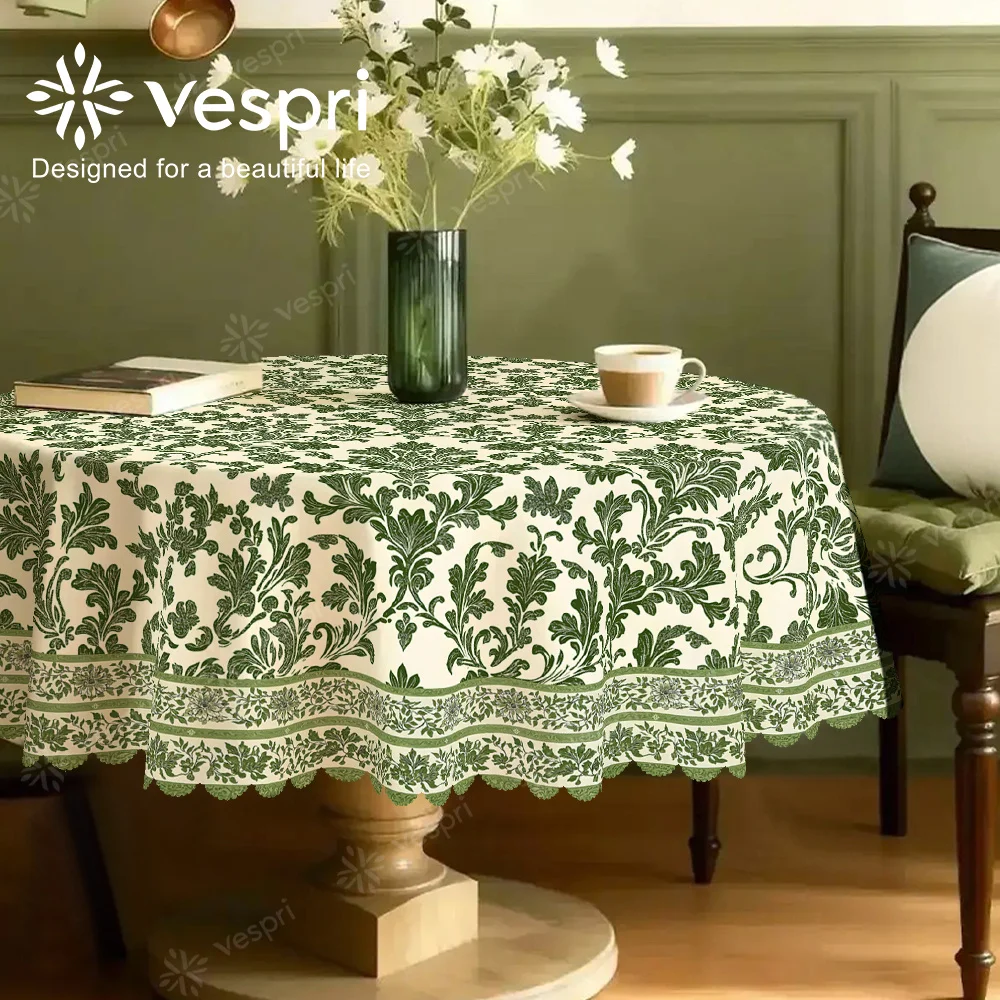 Vespri spring tablecloth, with green and white decorations, featuring green leaves and checks, in an European style.