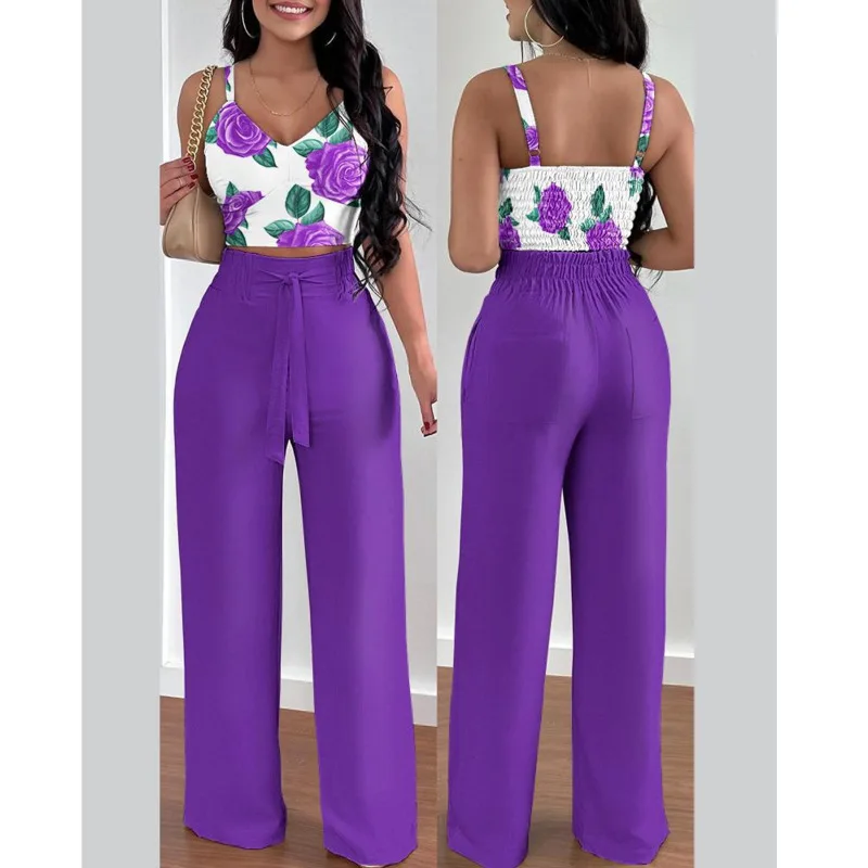 

Printed Women Suspender Suit Sleeveless Flower V Neck Open Back Suspender Top Sexy Solid Color Strapping High Waisted Pants Set