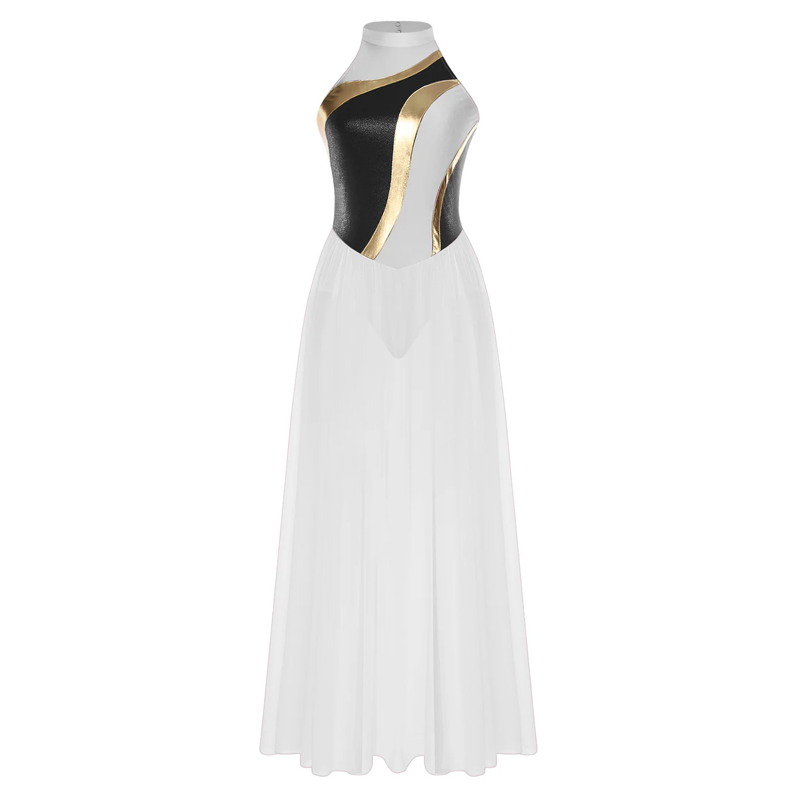 

Elegant Women Lyrical Modern Contemporary Dance Dress Gown Sleeveless Flowing Overlay Chiffon Long Skirt for Banquet Party Wear