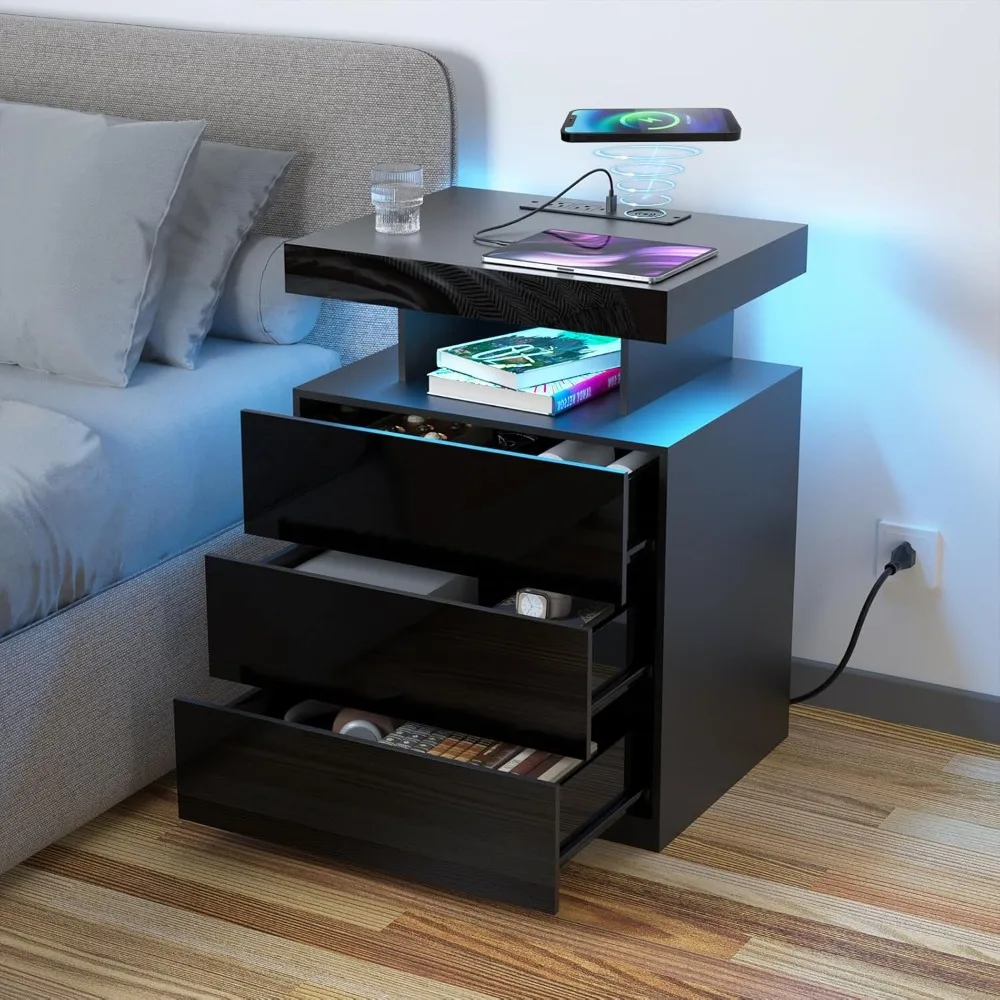 LED Nightstand with Wireless Charger and USB Ports, 3-Drawer Nightstand with RGB Adjustable Brightness LED Light