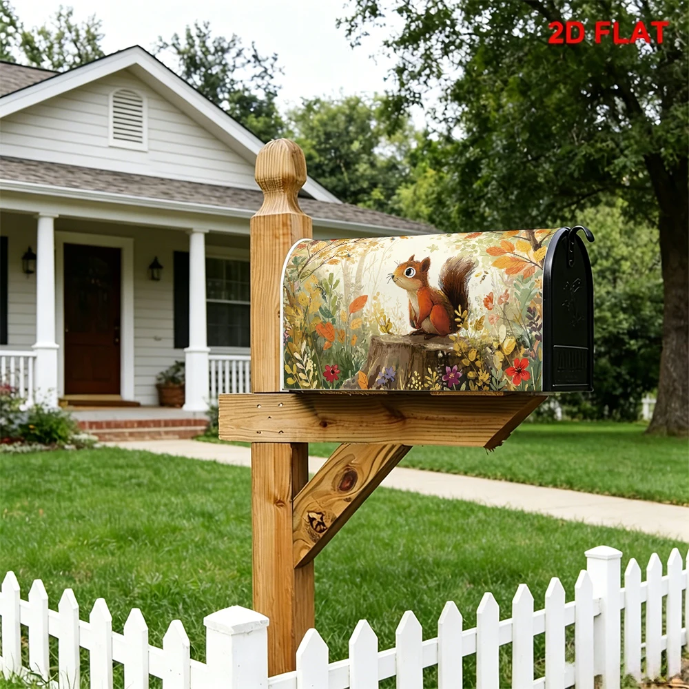 Autumn Squirrel & Floral Forest Mailbox Cover, Cute Squirrel on Stump, Fall Leaves & Flowers