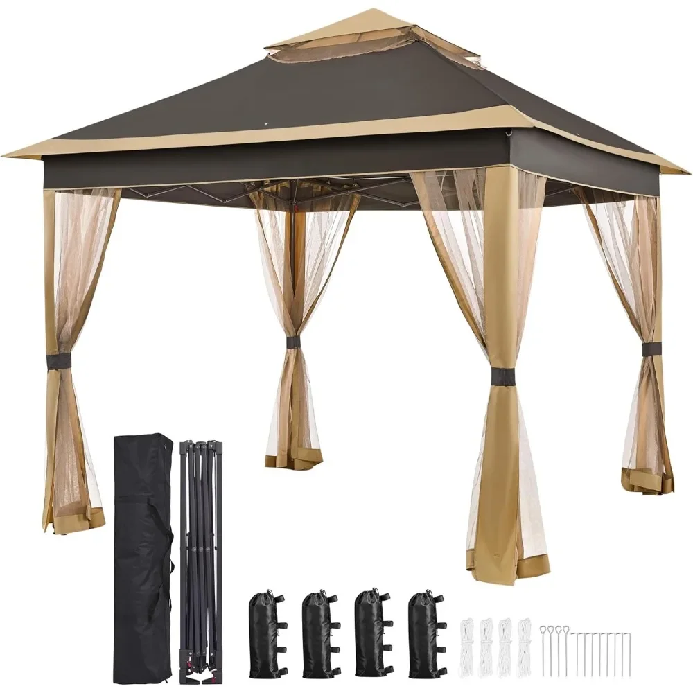 

Gazebo Outdoor Canopy Shelter, Instant Patio Gazebo Sun Shade Canopy Tent with 4 Sandbags, 2 Tiers Roof & Mesh Netting for Lawn