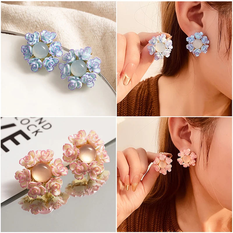 

1 Pair Sweet Round Resin Flower Earrings Stud Earrings For Women Sweet Romantic Resin Ear Jewelry Vintage Statement Earring