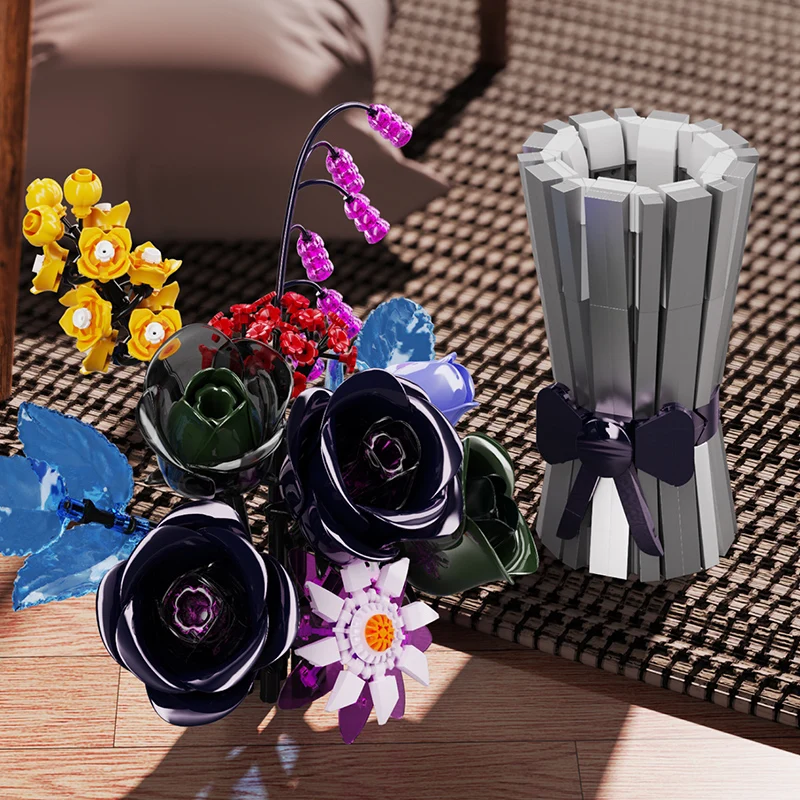 Bouquet de fleurs en briques de construction MJ BLOCK, décoration de maison, modèle créatif, jouet de construction en briques, cadeaux pour filles et adultes, 982 pièces