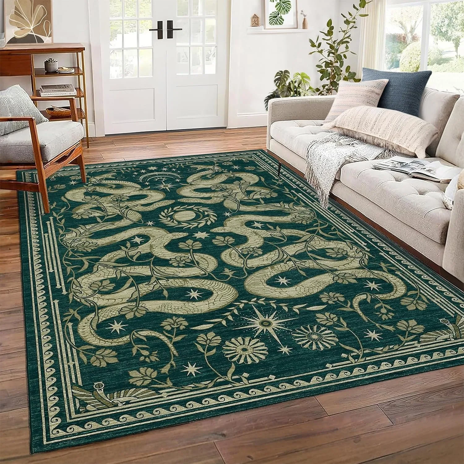 Green Living Room Carpet Snake Carpets Machine Washable Non-slip Rug Retro Home Decoration Rugs for Bedroom Bedside Floor Mat