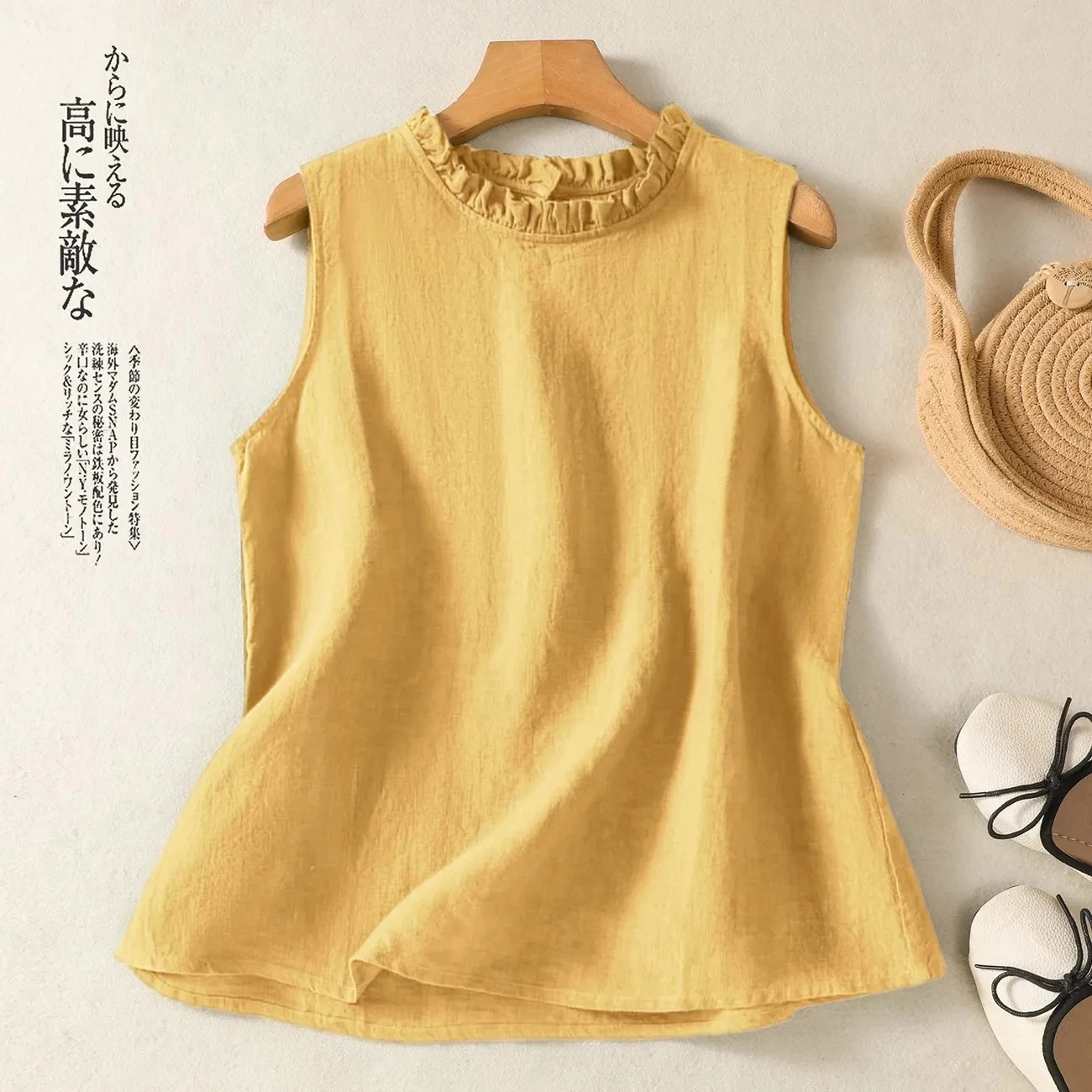 Women's Vintage Cotton Linen Tank Top Summer Ruffled Neck Sleeveless Blouse Loose Breathable Casual Shirt Elegant Vest 2026